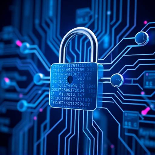 A stylized image representing data privacy and security with a padlock and digital network