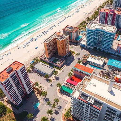 Aerial view of South Beach in Miami with colorful buildings and turquoise water