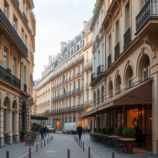 Elegant Parisian street with classic architecture and cafe