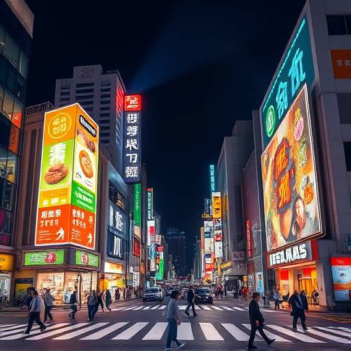 Neon-lit Shibuya crossing in Tokyo at night