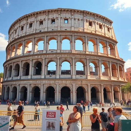 The Colosseum in Rome during a sunny day with tourists